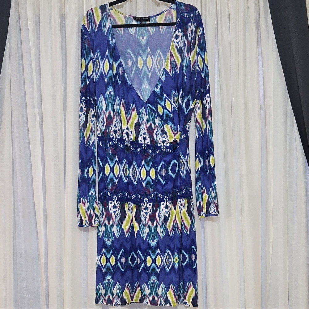 Jones New York Blue Multicolor Long Sleeve Faux Wrap Dress